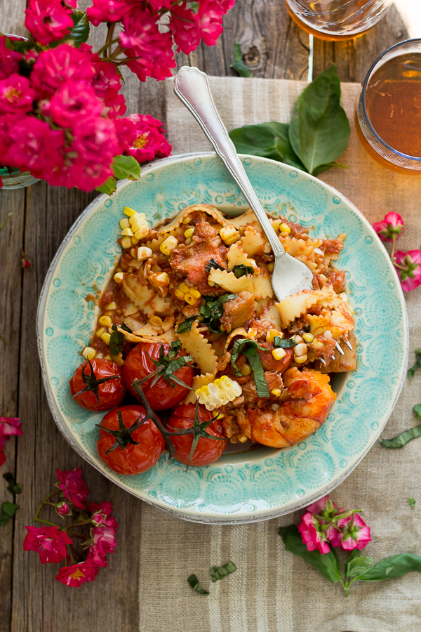 Roasted Tomato Basil and Sweet Corn Lobster and Scallop Pasta