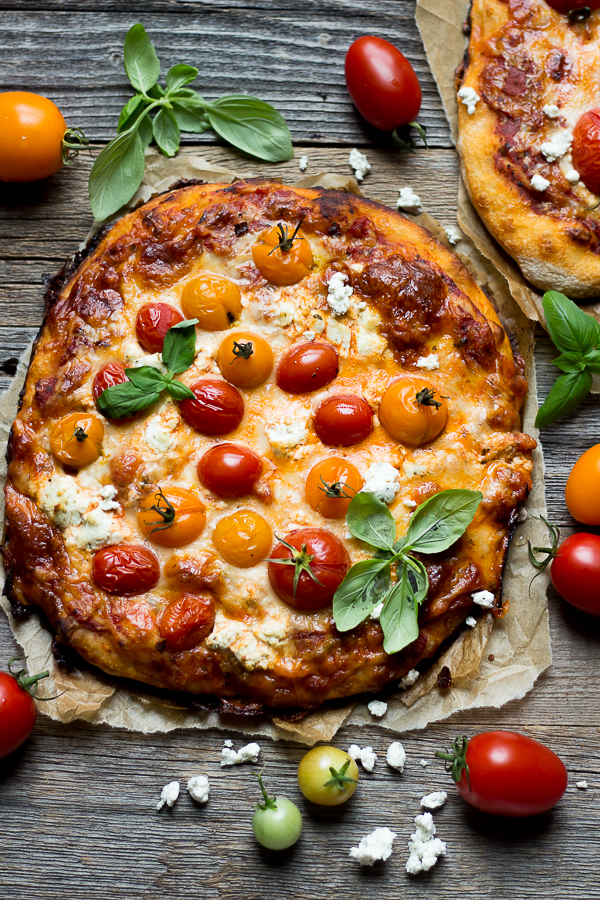 Burst Cherry Tomato and Goat Cheese Margherita Pizza