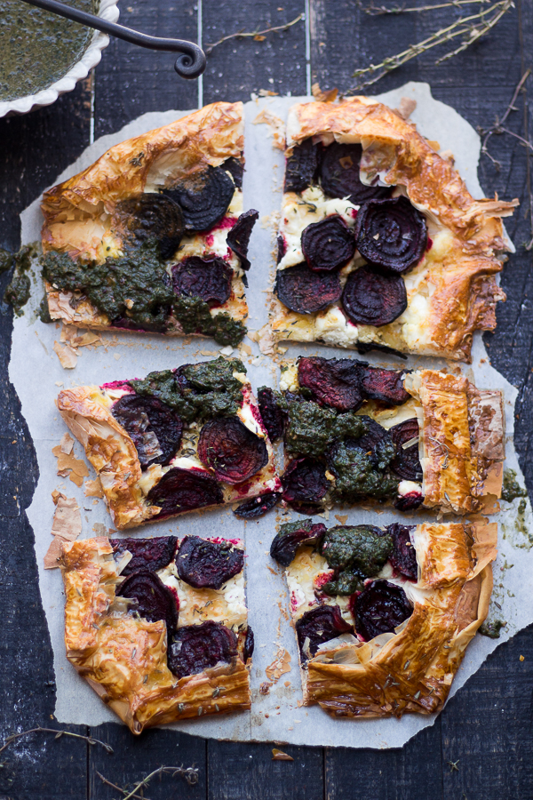 Beet Balsamic Phyllo Tart with Beet Leaf Pesto.