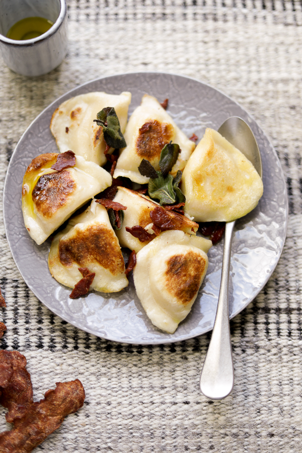 Seared Turkey Bacon and Sage Olive Oil Pierogis.