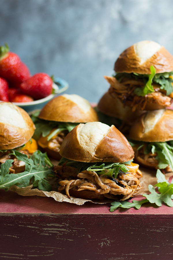 “Rhubarbecue” Pulled Chicken and Cheddar Sliders
