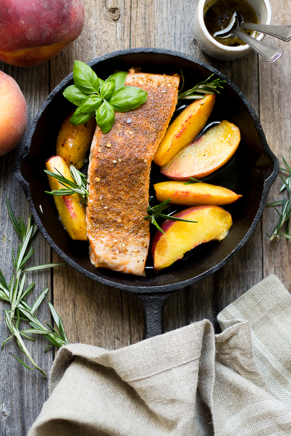 Baked Rosemary Chili Salmon and Peaches for One.