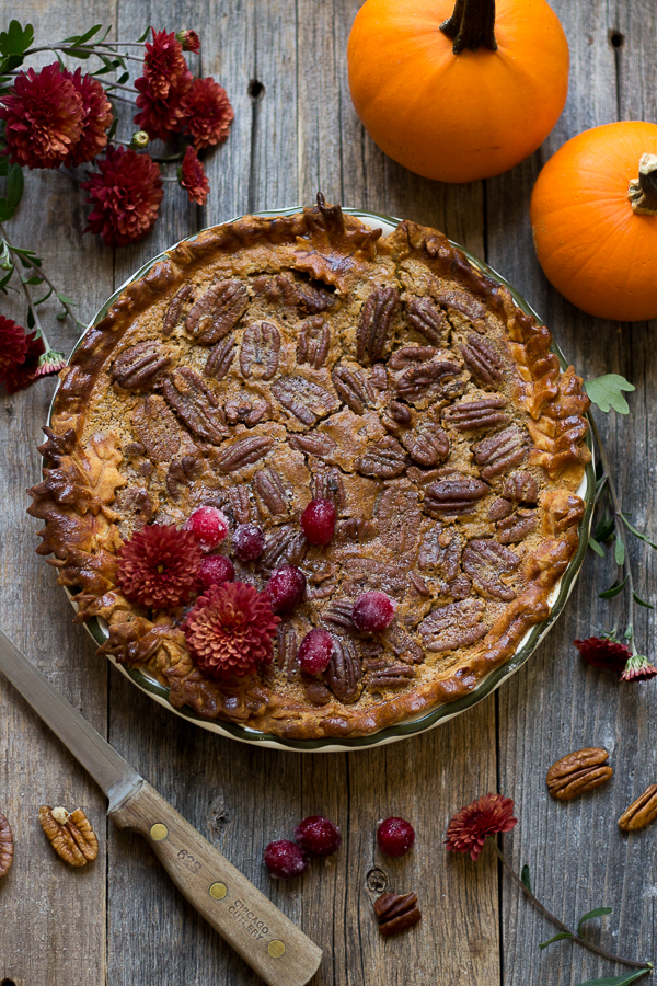 Pumpkin Pecan Pie with Sugared Cranberries.