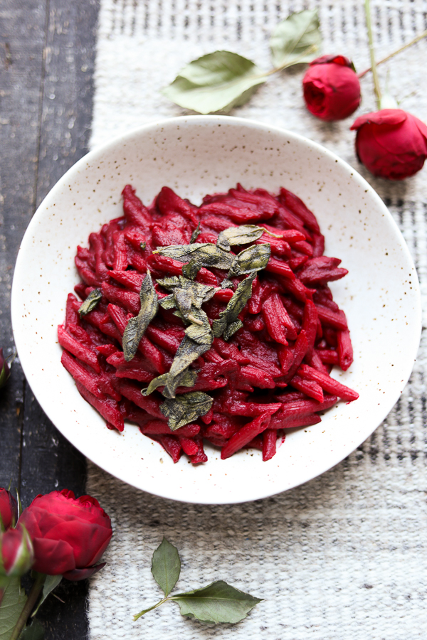 Penne in a Roasted Beet Sauce with Fried Sage.
