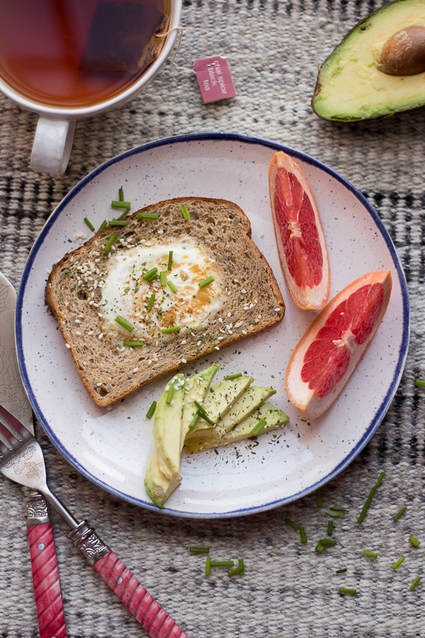 Healthy Egg-in-a-Hole Toast with Avocado and Sesame.