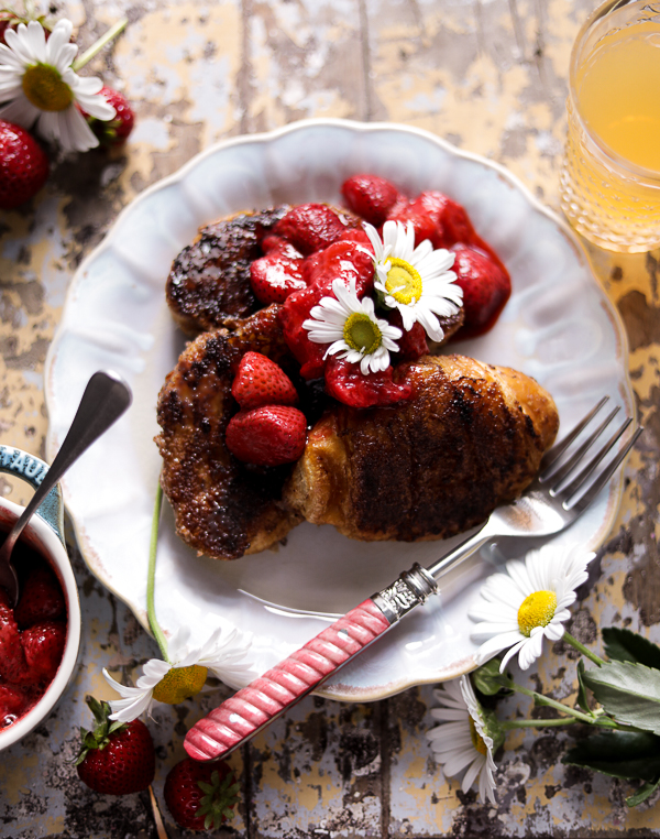 Cinnamon Brûléed Croissant French Toast with Strawberry Compote.