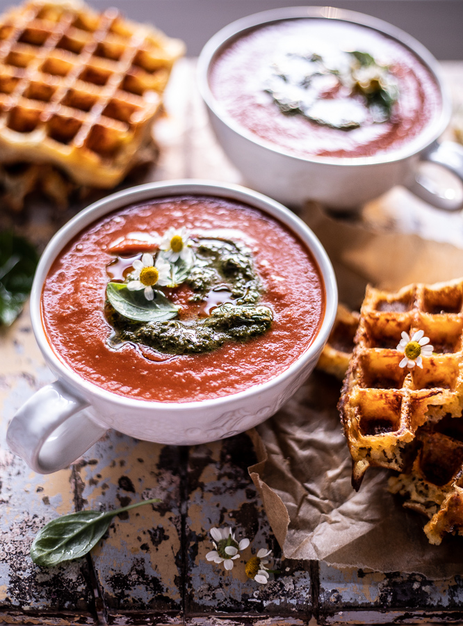 Heirloom Tomato Soup with Cheesy Waffle.