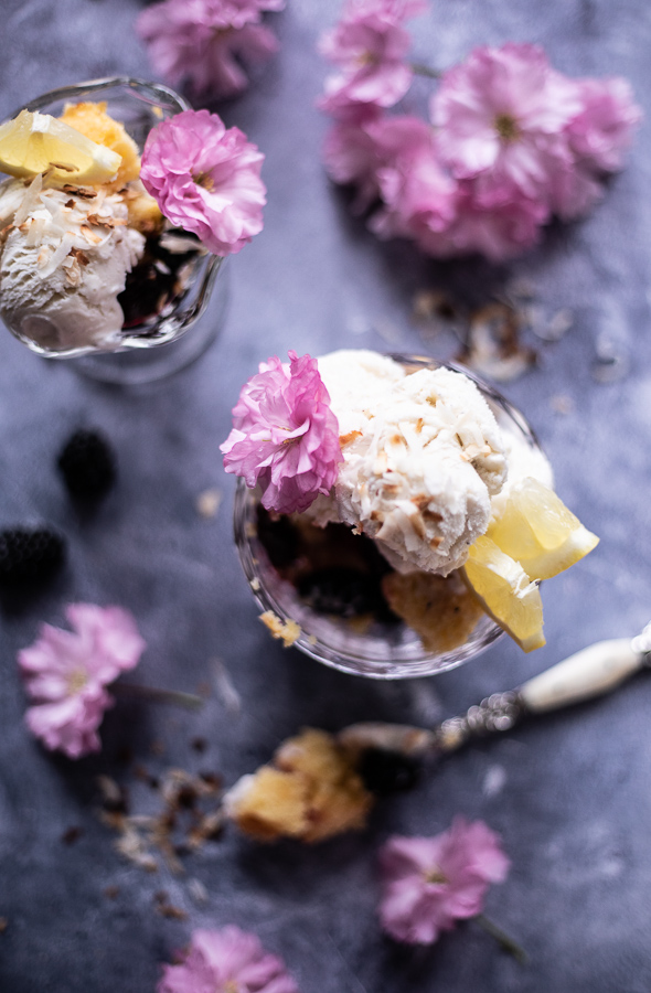 Lemon Blackberry Toasted Coconut Ice Cream Trifles.