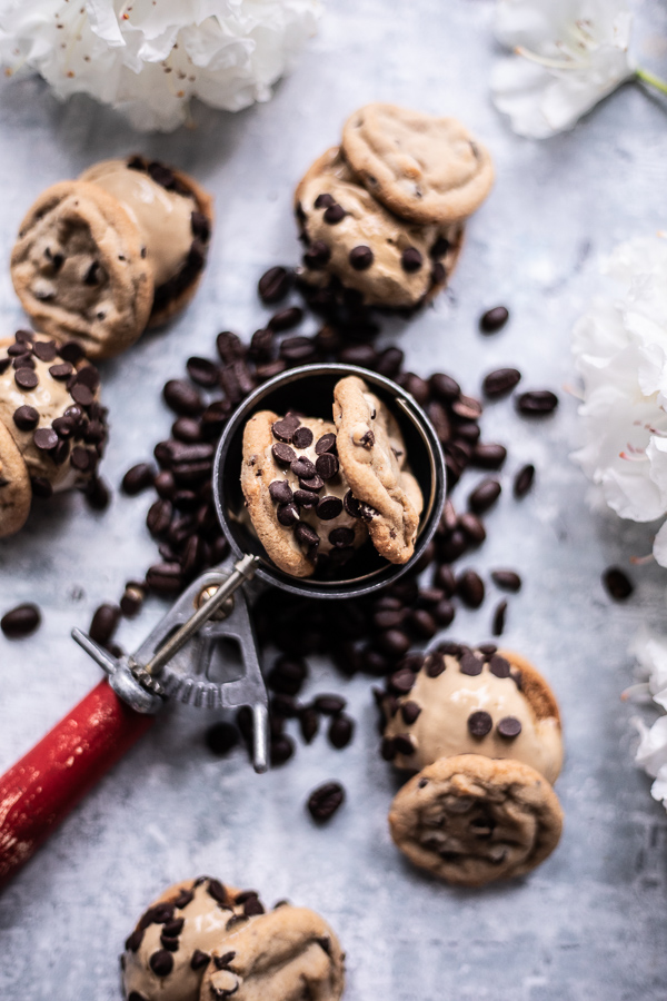 Mini Coffee Chocolate Chip Cookie Ice Cream Sandwiches.