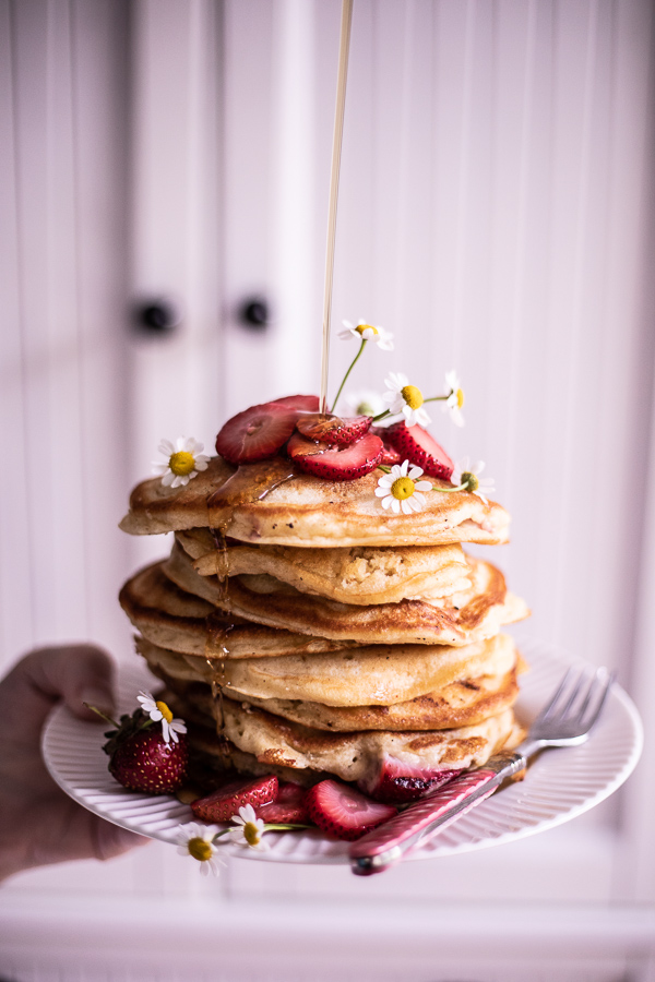 Chamomile Pancakes with Honey Glazed Strawberries.
